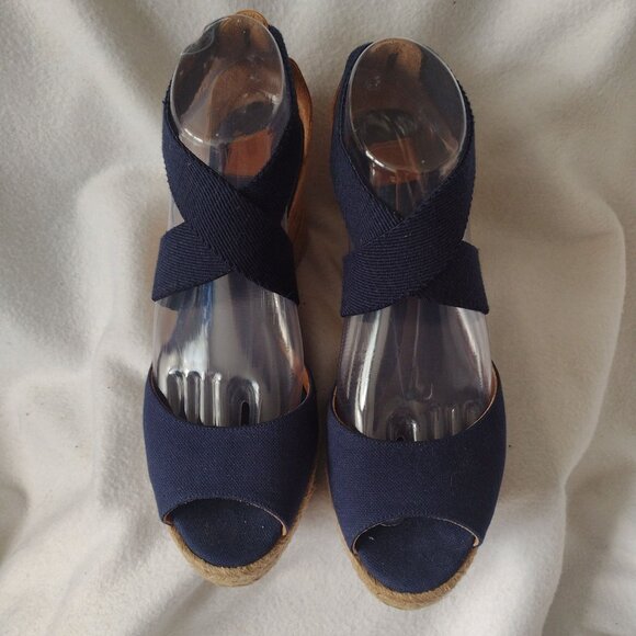Tory Burch Natanya Wedge Espadrilles 9 Navy Blue Sandals w Elastic Ankle Straps - Picture 3 of 10